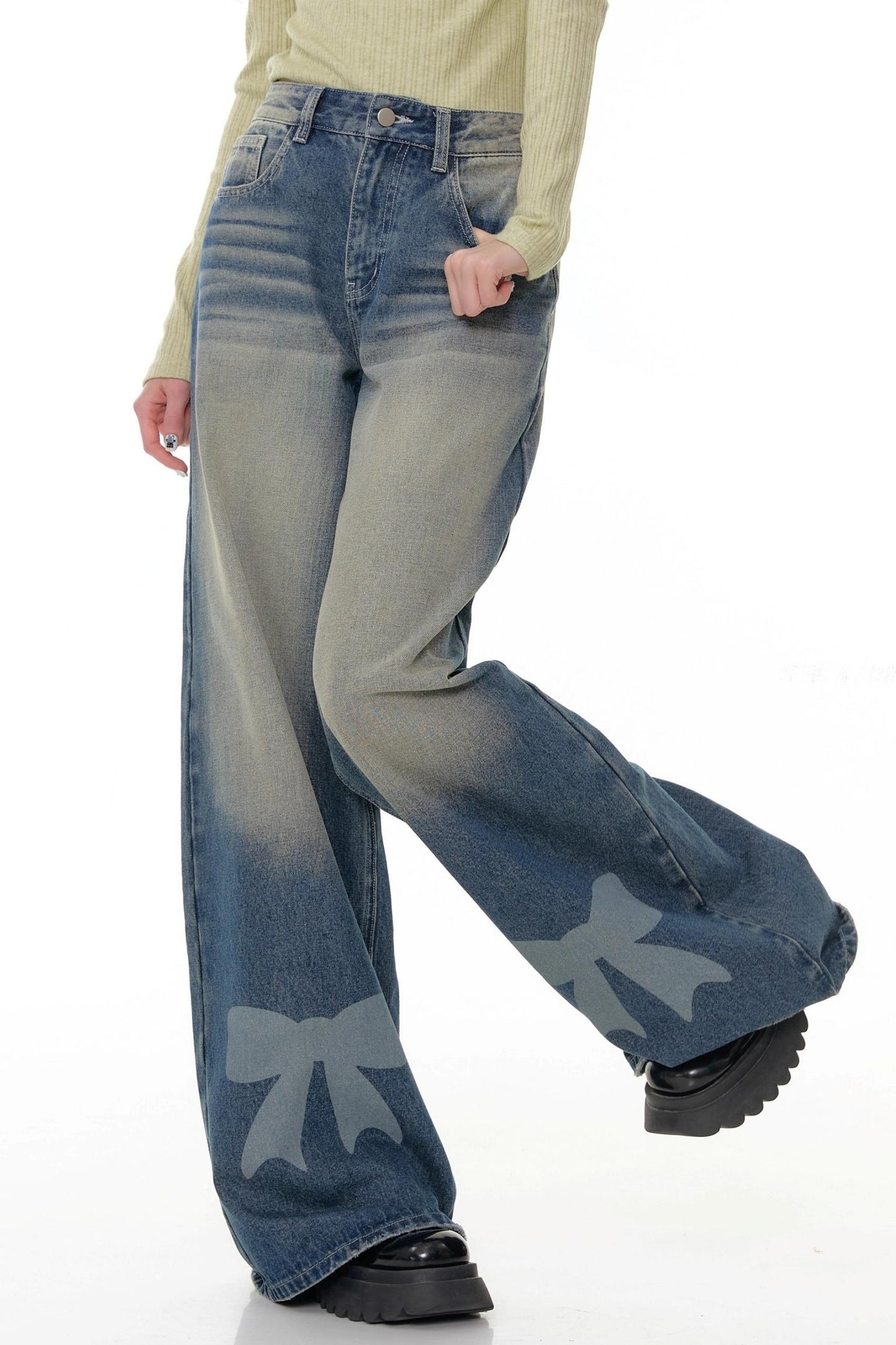 Retro Bow Design High-Waisted Denim Pants