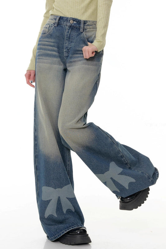 Retro Bow Design High-Waisted Denim Pants
