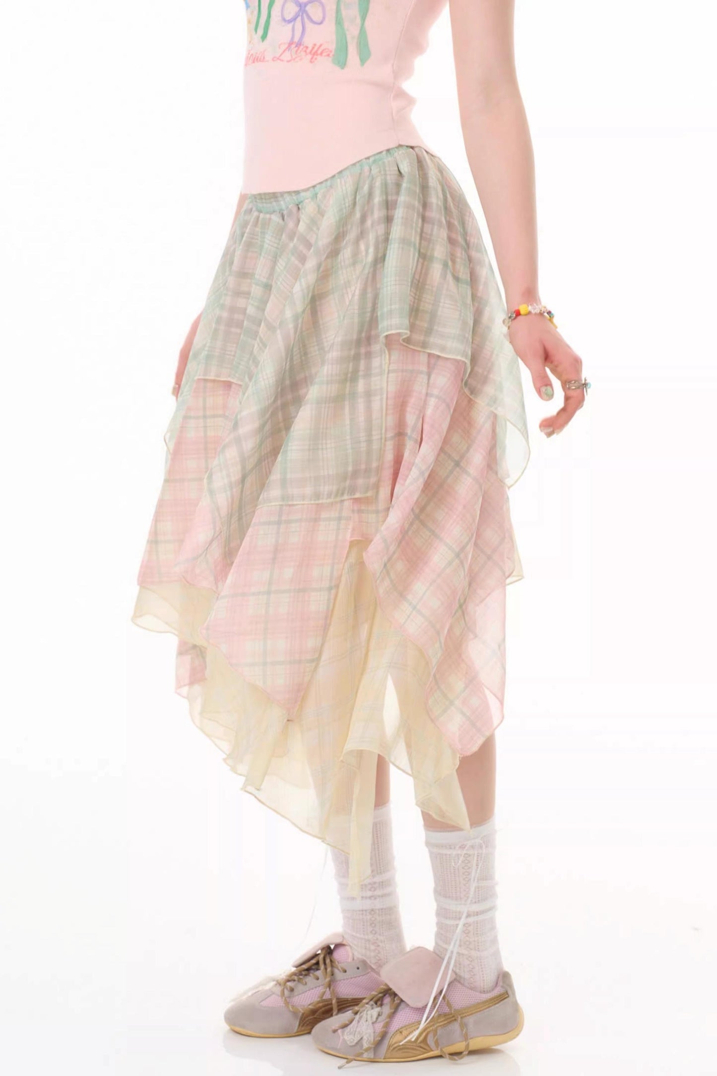 Cherry Blossom Plaid Chiffon Skirt