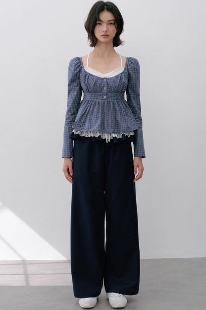 Vintage Check Square Neck Cinched Shirt