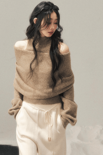 High-Neck Off-Shoulder Knit Sweater Set