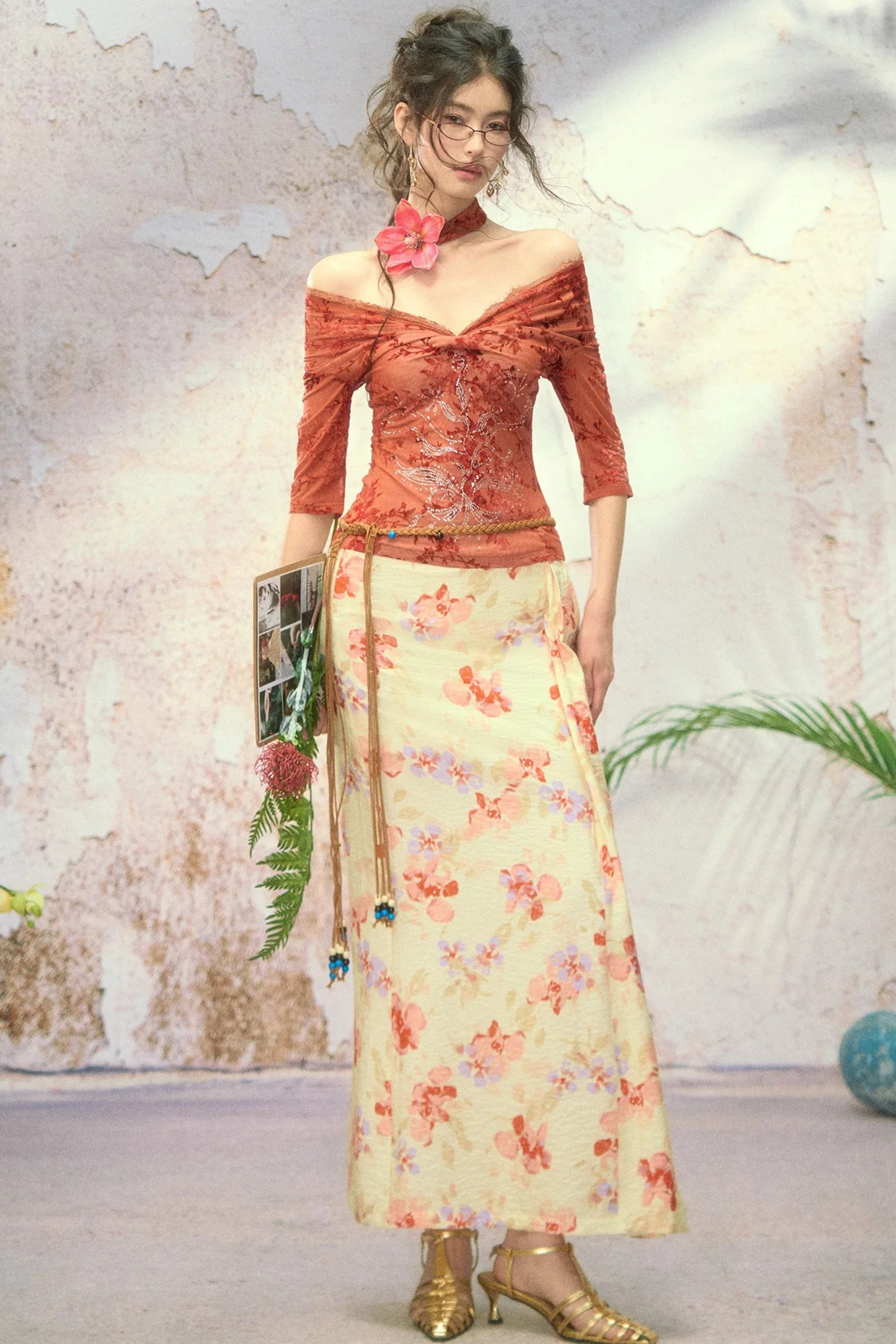 Floral Front Slit Straight Long Skirt