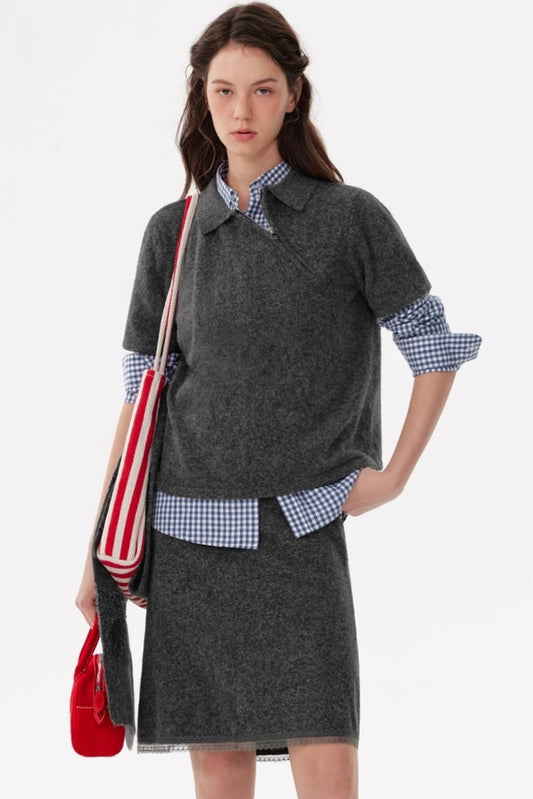 Diagonal Zip Knit Short Sleeve Suit Set-Up