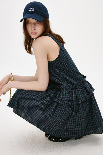 Irregular Plaid Ruffled Vest Dress