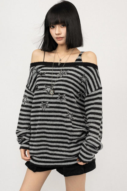 Striped One-Shoulder Knitted Sweater