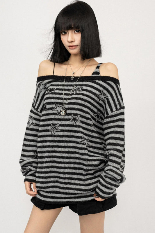 Striped One-Shoulder Knitted Sweater