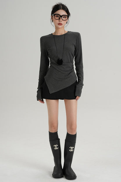 Shoulder Pads Hem Slit Long Sleeve T-shirt