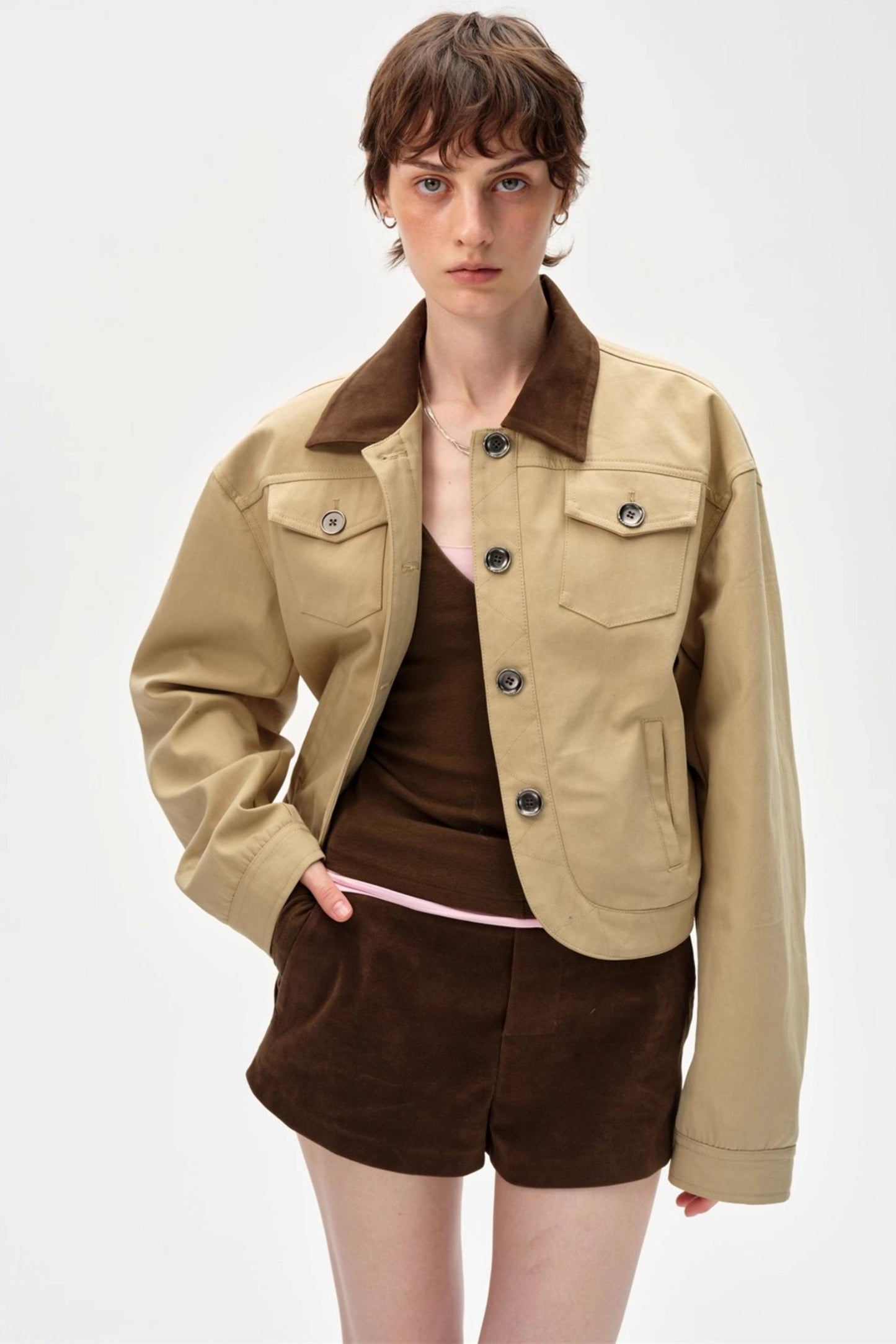 Color-Blocking Lapel Cargo Jacket