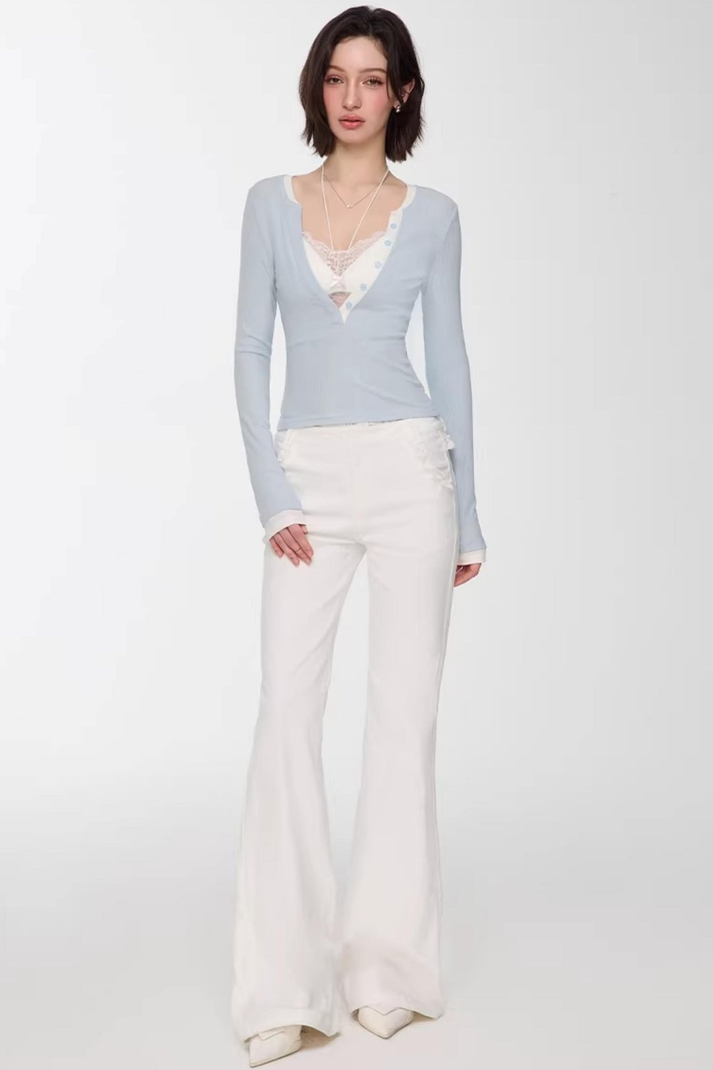 Color-Blocked Deep V-Neck Top Set-Up