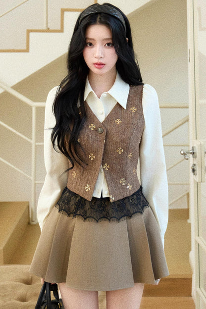 Embroidered Beaded Faux Two-Piece Shirt Set-Up