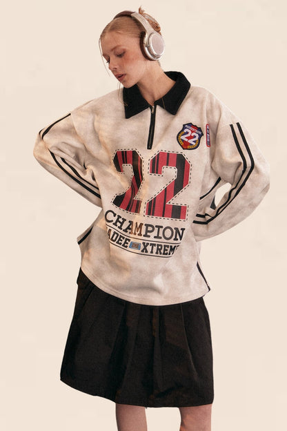 Vintage Striped Sleeve Sports Sweatshirt