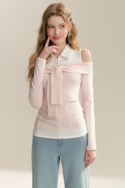 One-Shoulder Tie Patchwork Top