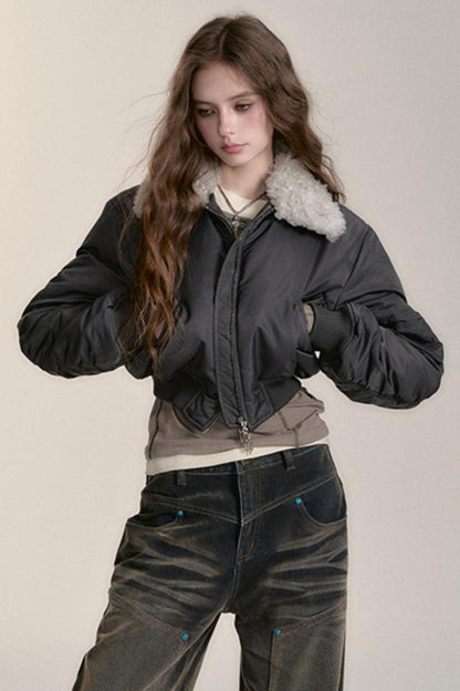 FUR COLLAR CROPPED BOMBER JACKET