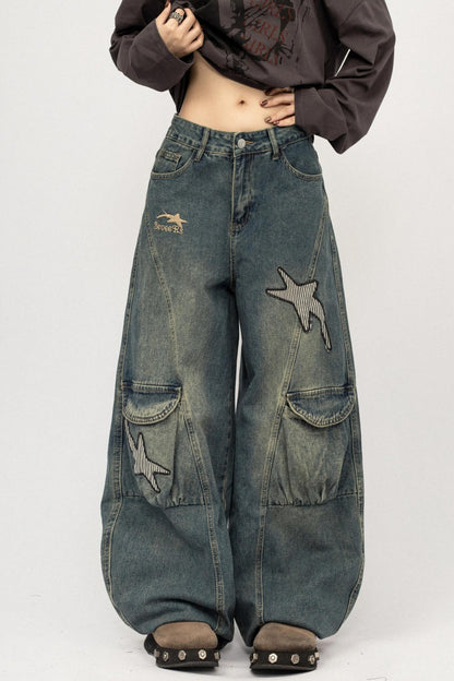 Vintage Distressed Star Embroidered Wide-Leg Cargo Pants