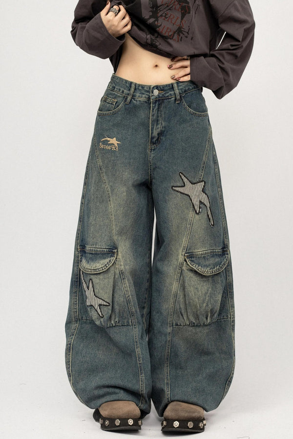 Vintage Distressed Star Embroidered Wide-Leg Cargo Pants