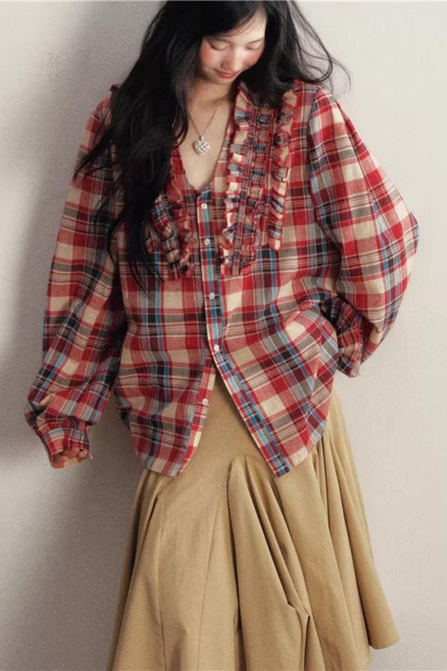 Red Plaid V-Neck Cotton Shirt