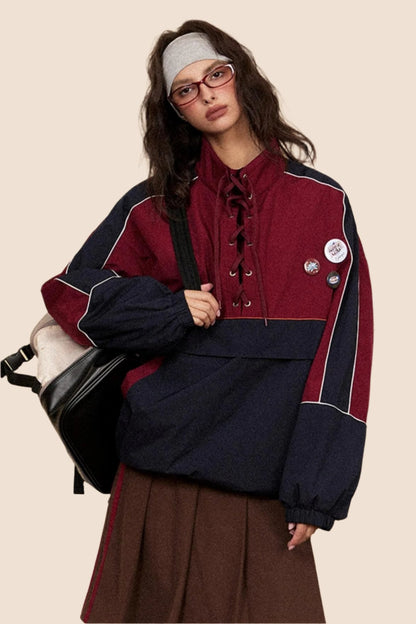 EZEK American Vintage Drawstring Stand Collar, Contrast Panel, Pullover Plus Cotton Padded Sweatshirt, Women's Loose Track Jacket