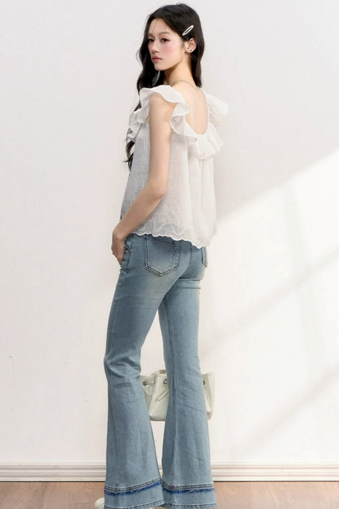 White Plaid Bow Flutter Top