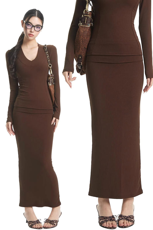 Elegant Brown Knitted Skirt