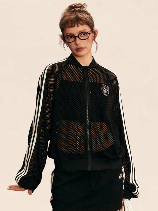 EZEK Dark Stripe Long Sleeve Cut-Out Grid Shirt Women's Loose American Retro Street Outdoor Sports Smock