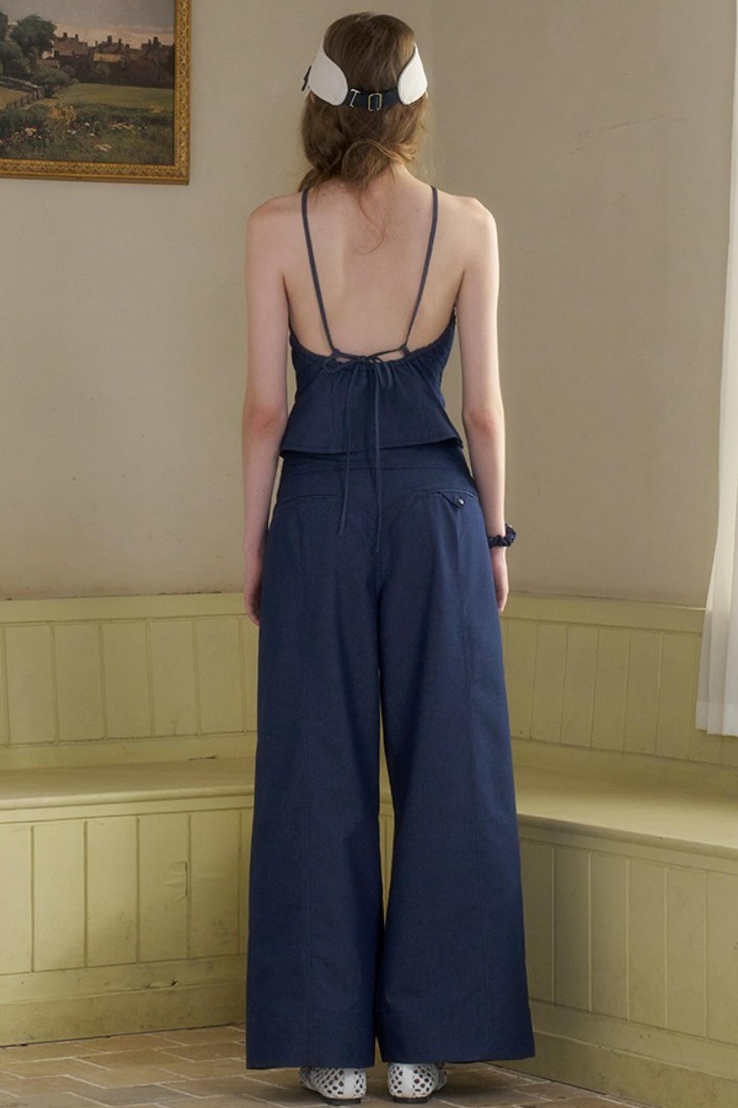 Cow Blue Pleated Denim Wide-Leg Pants Set-Up