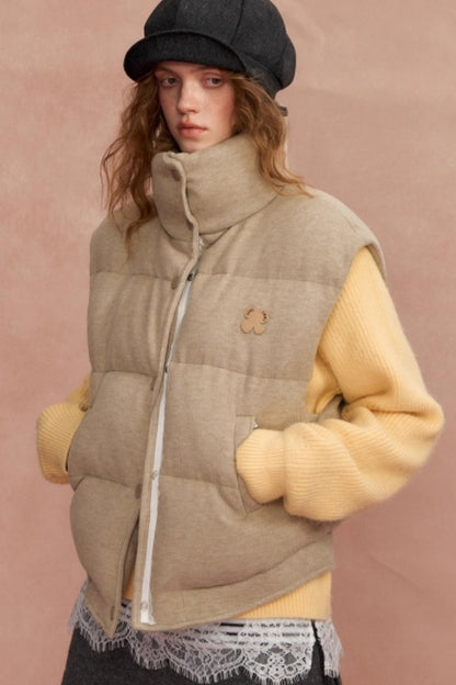 Lace Patchwork Stand Collar Puffer Vest