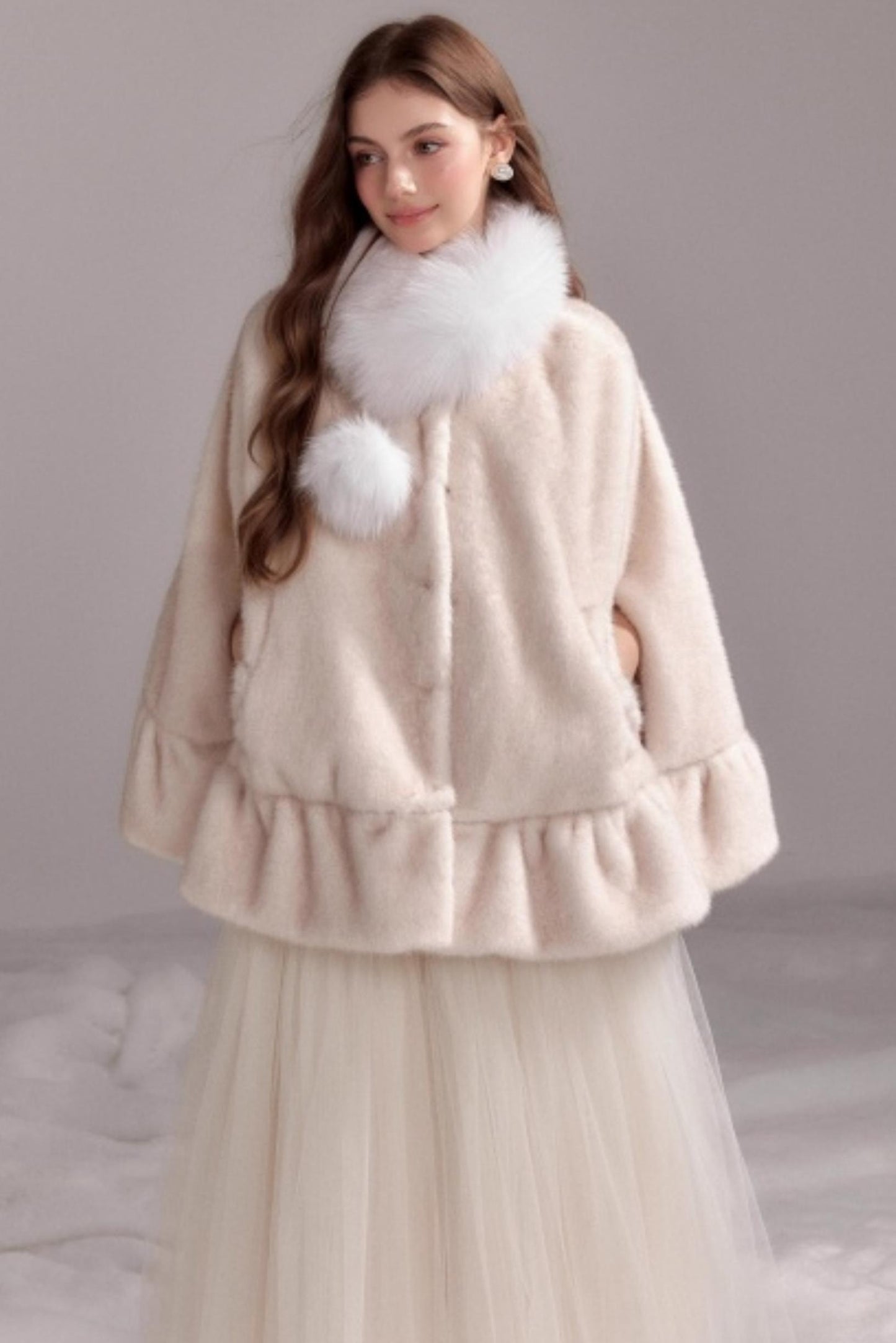 Furry Collar Cape Shawl Outer