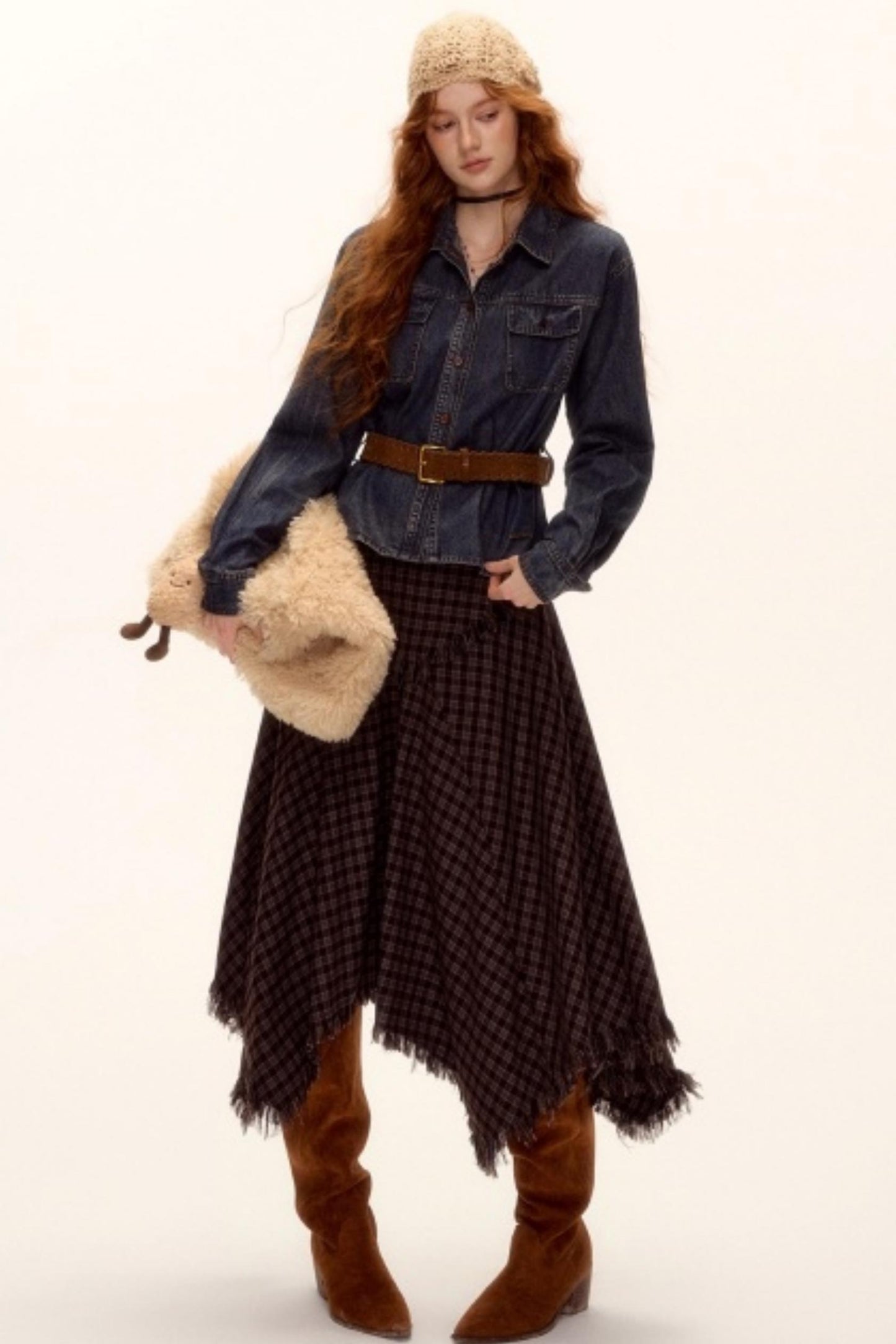 Frayed Hem Plaid Midi Skirt Belt Set