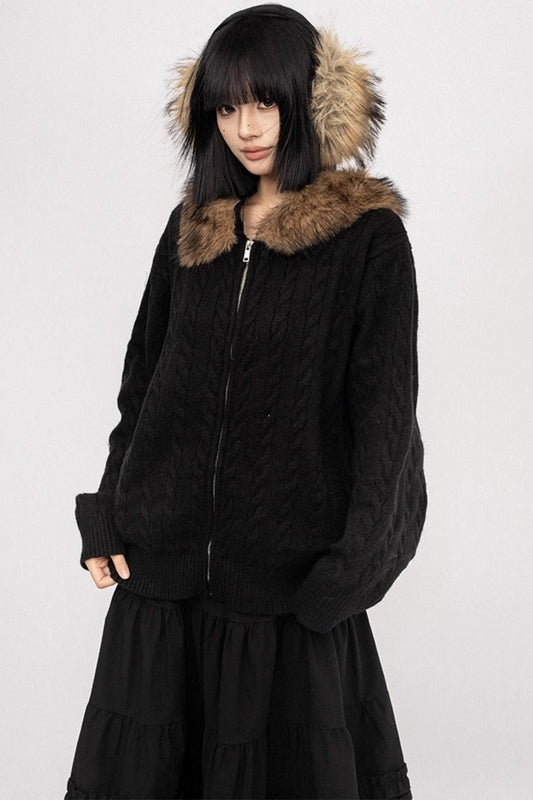 American Vintage Knitted Hooded Black Sweater Jacket