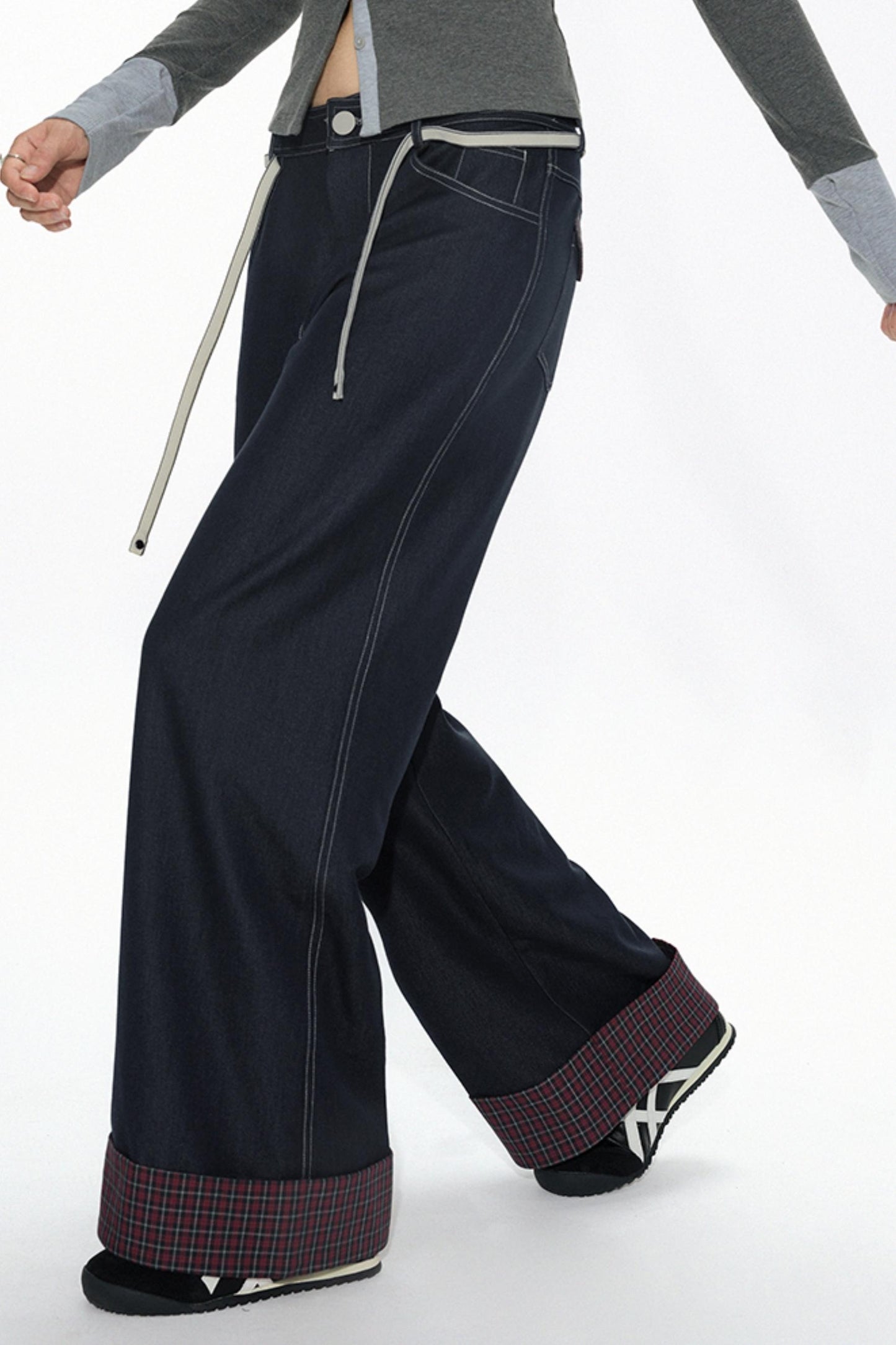 High-Waisted Navy Checkered Wide-Leg Pants