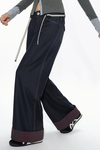 High-Waisted Navy Checkered Wide-Leg Pants