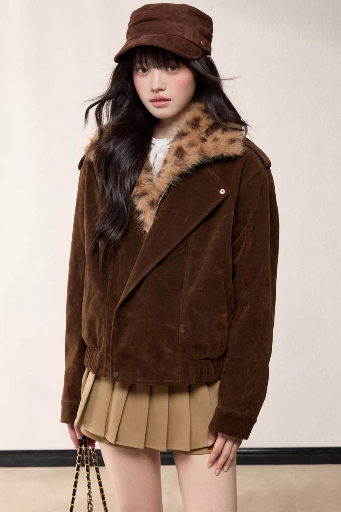 Leopard Print Fur Collar Jacket