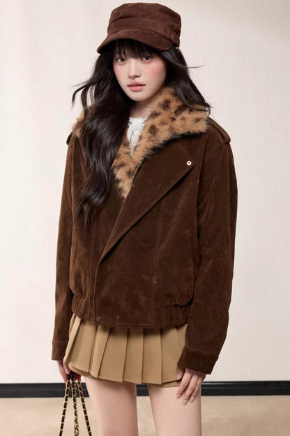 Leopard Print Fur Collar Jacket