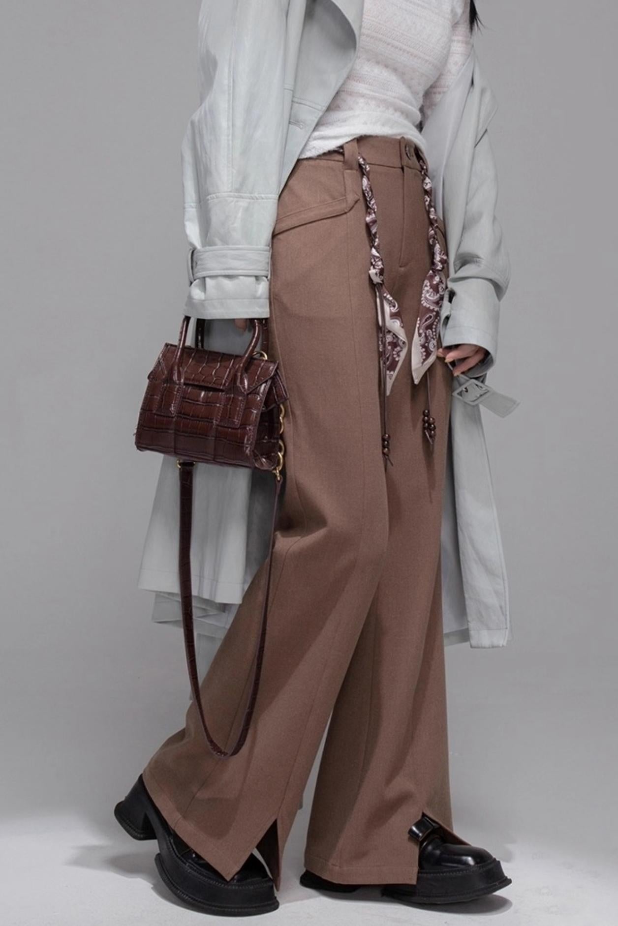 Silk Scarf Belt Split Bootcut Pants