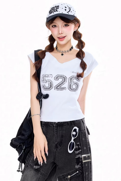 Retro Digital Print V-Neck Top