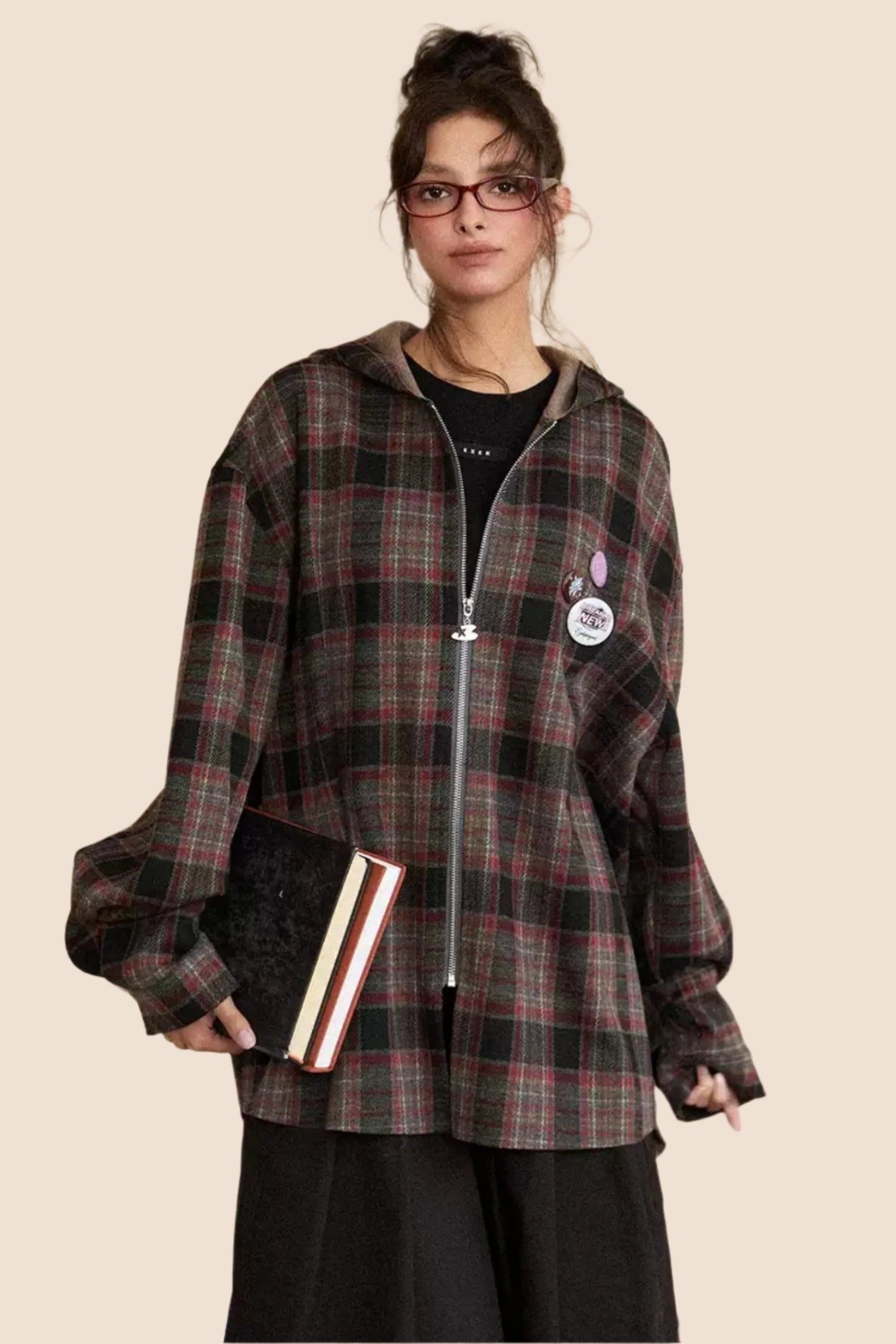 EZEK American Vintage Hooded Plaid Long Sleeve Shirt Women's Thickened Loose Slouchy Shirt Jacket Trendy Brand Top