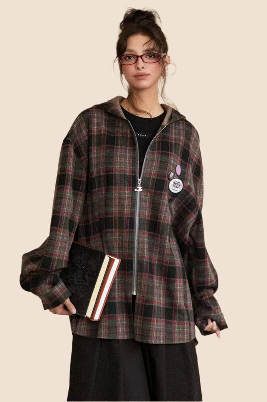 Vintage Plaid Hooded Shirt Jacket