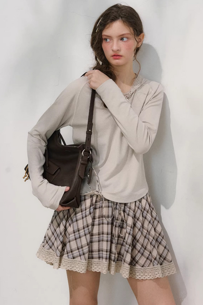 Plaid Lace Pleated Skirt