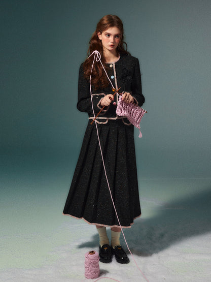 Wool coat pleated long skirt set