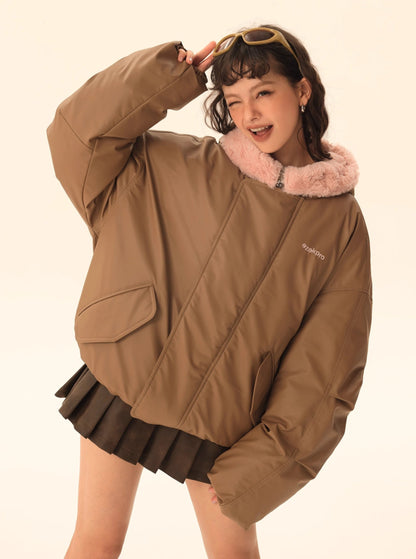 Imitation rabbit fur hooded no-wash pu skin down jacket