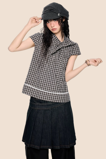Top color-block con fiocco a quadri