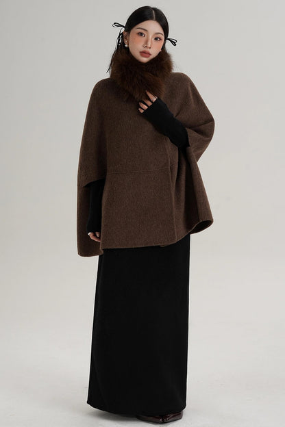 Elegant Fox Fur Wool Cape Coat