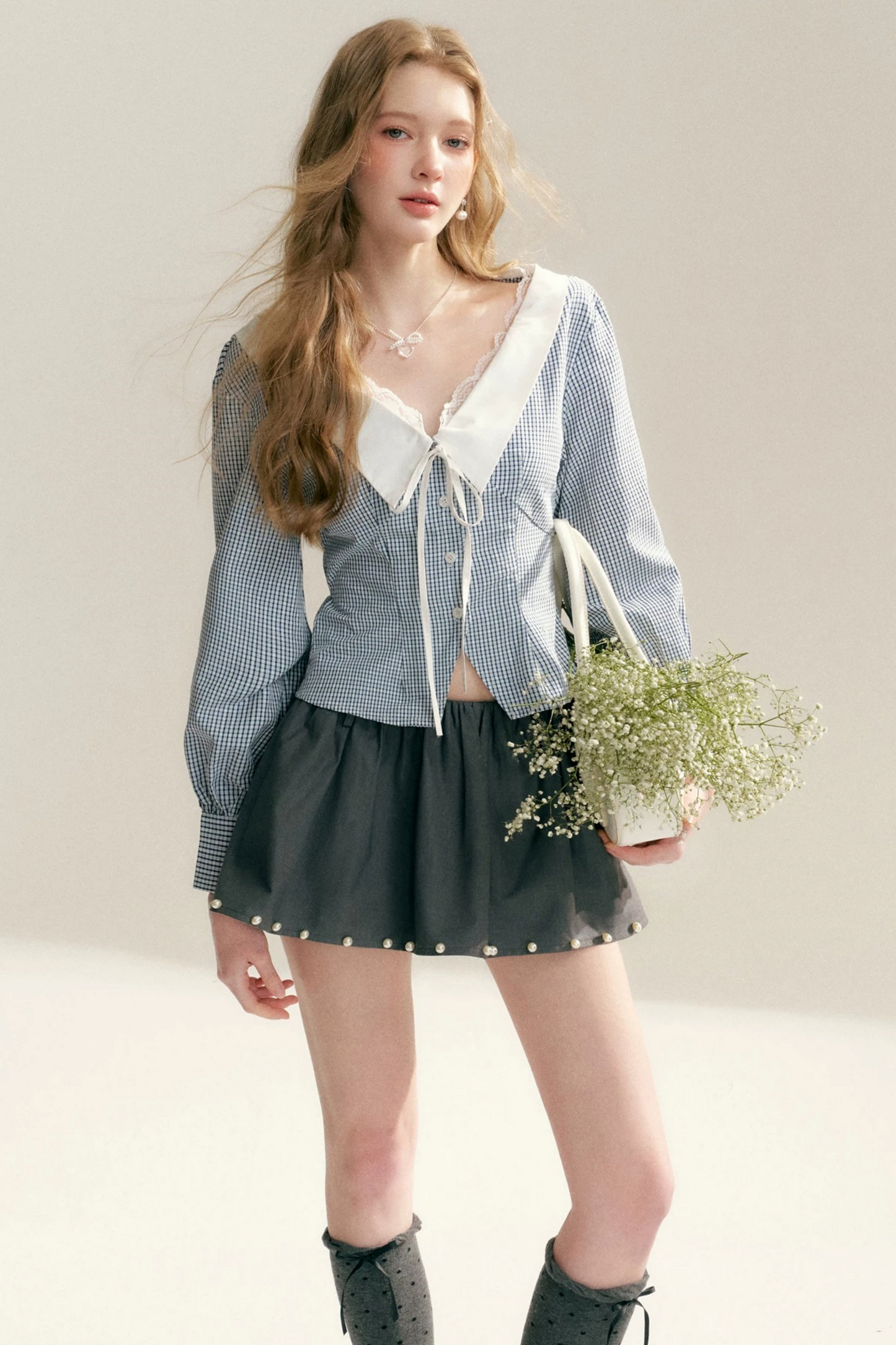 Lace Trim Plaid Blouse