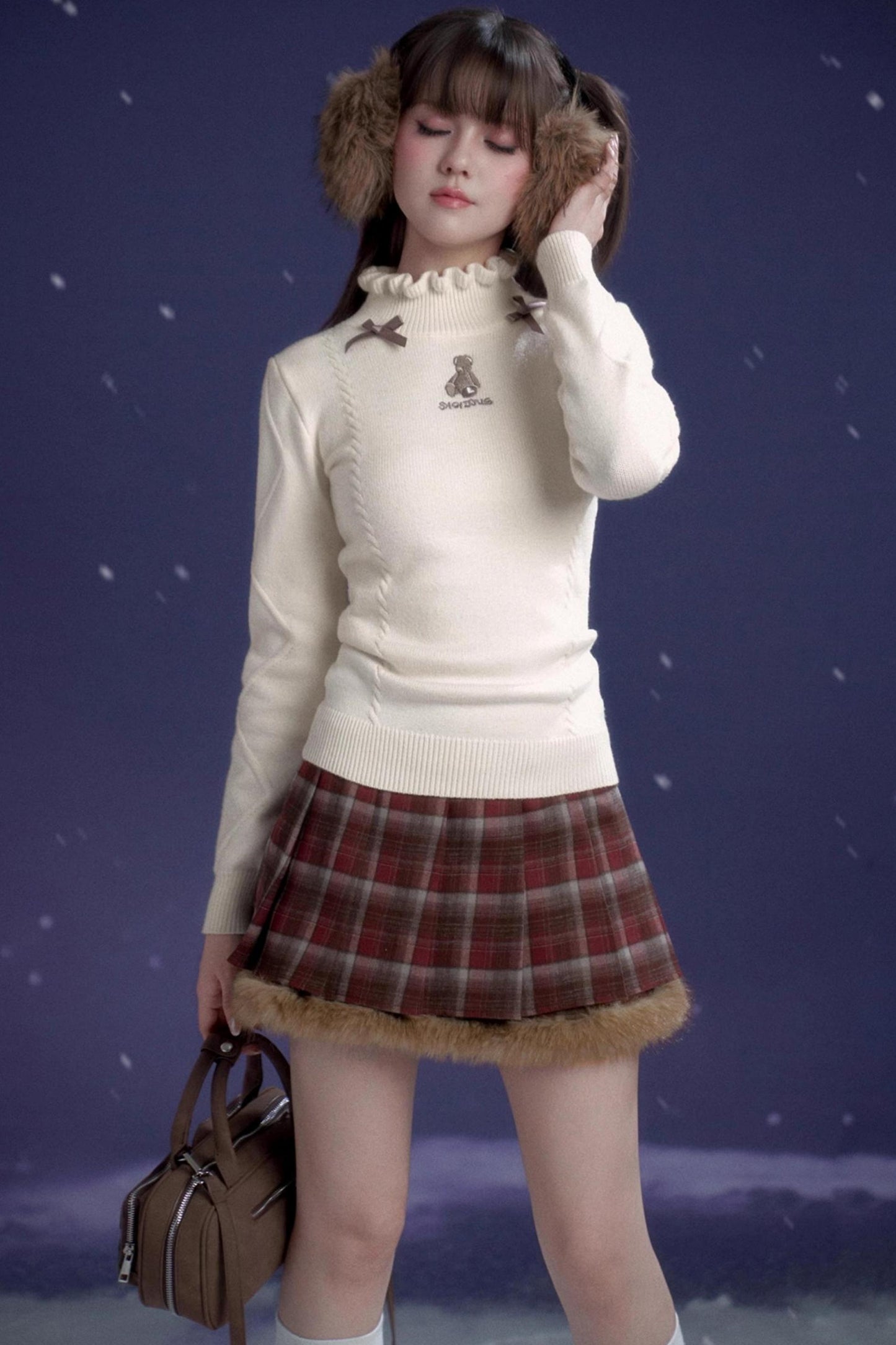 Red-Brown Plaid Skirt Coat Set-Up