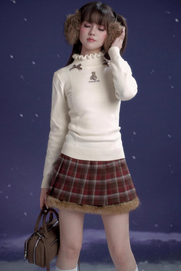 Red-Brown Plaid Skirt Coat Set-Up