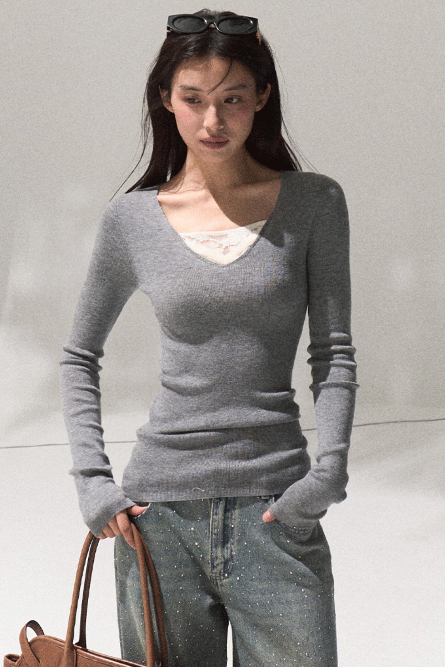 Skin Lace Wool Knit Sleeve Sweater Top