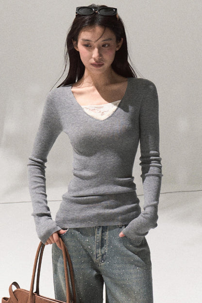 Skin Lace Wool Knit Sleeve Sweater Top