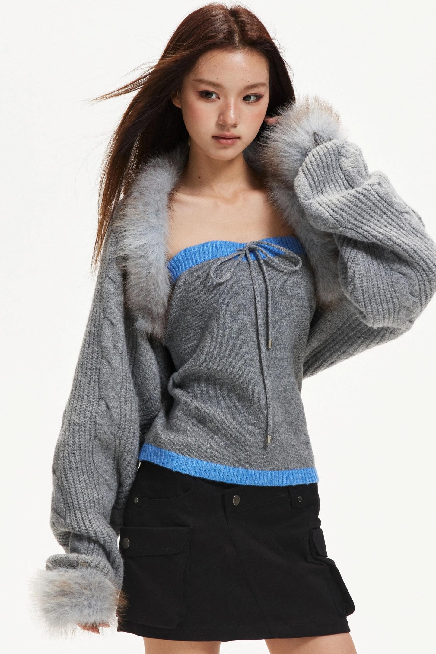 Contrasting Knit Cardigan Set