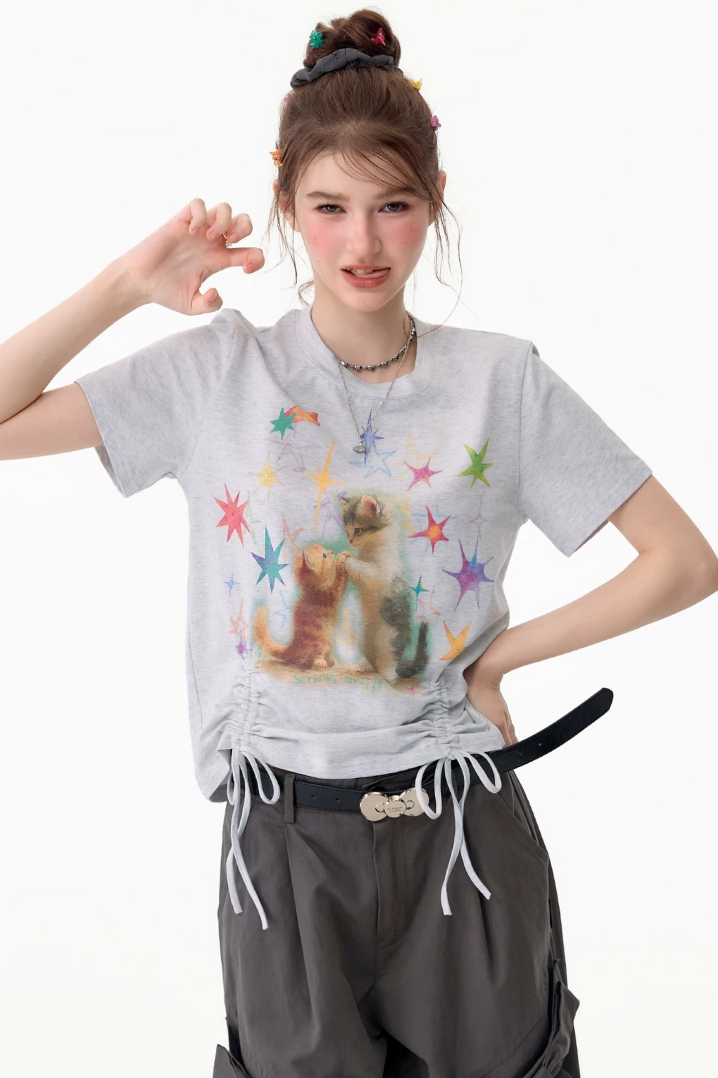 Cat Print Drawstring T-Shirt