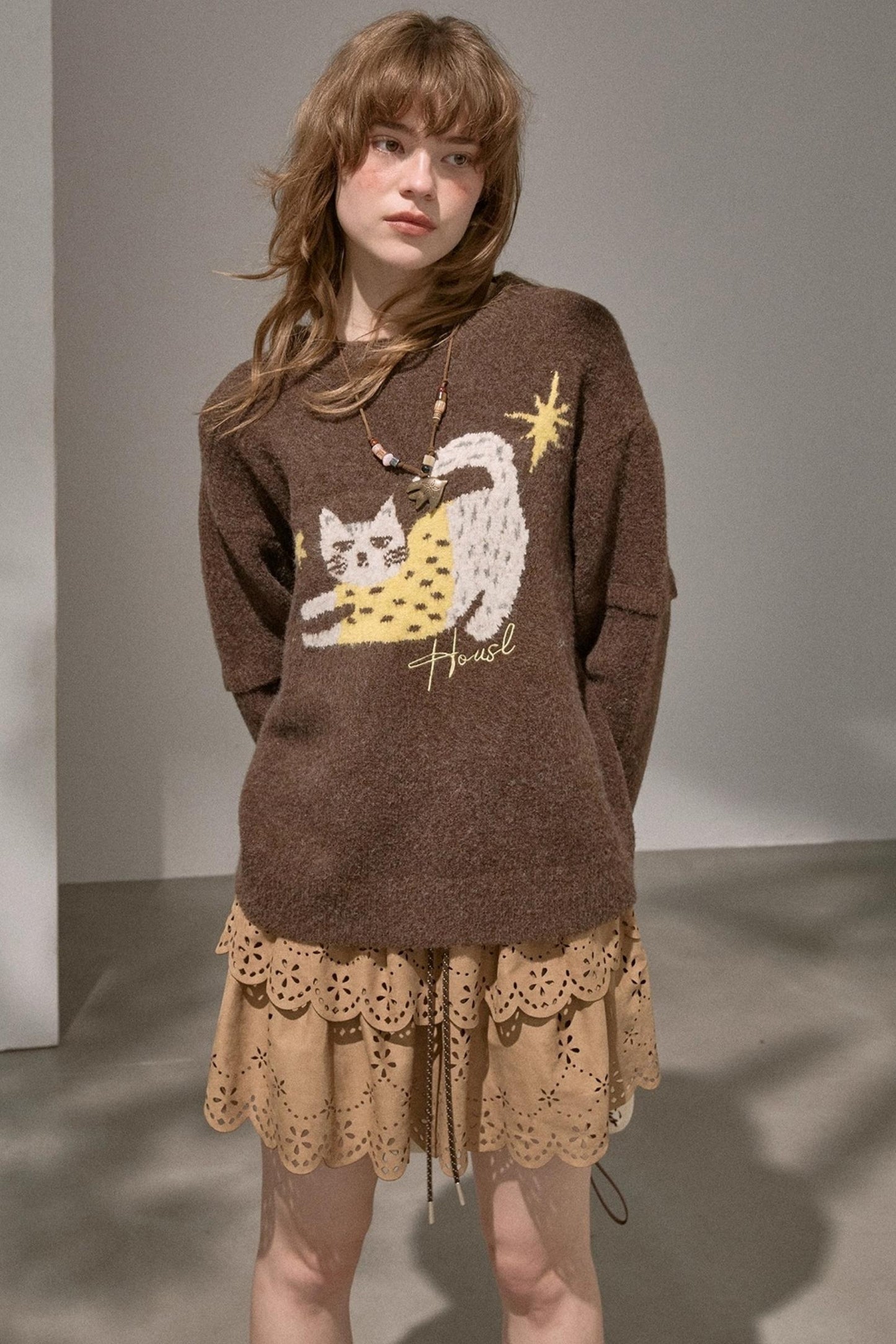 Cute Kitten Crew Neck Knit Sweater